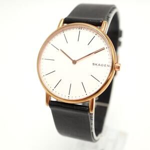 Skagen Signatur Minimalist Slim Titanium 40mm Watch Black Leather w New Battery